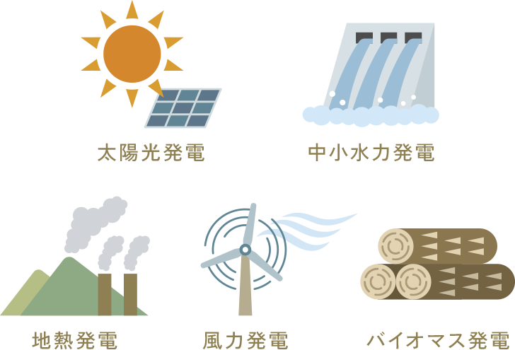 太陽光発電、中小水力発電、地熱発電、風力発電、バイオマス発電